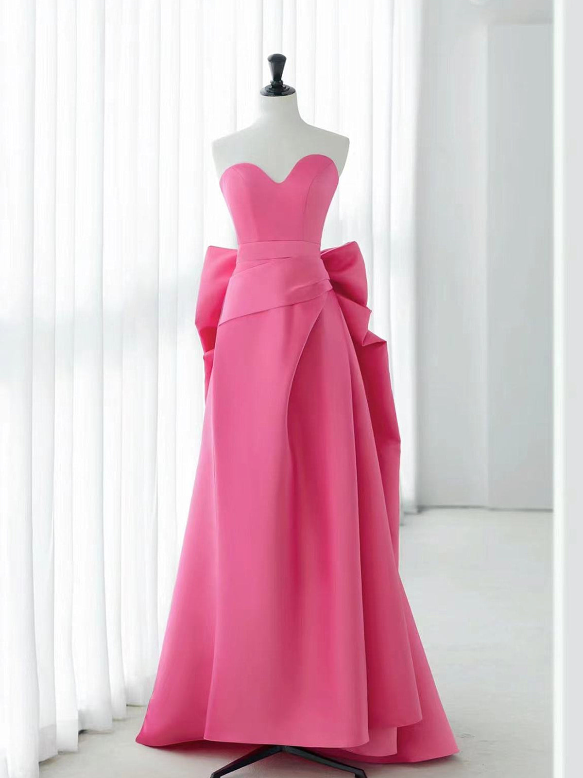 Pink Satin Long Prom Dress with Pearls, Pink Strapless Evening Dress